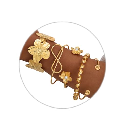 Golden Stackable Bracelets Set for Women Trendy Multi Layer Adjustable Chunk Flower Cuff Bracelet Geometric Irregular Wave Statement Bangle Glamour Stacking Cuff Jewelry - color: Gold-B