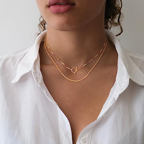 CHESKY 14K Gold Plated Layered Chain Necklace for Women | Trendy Cuban Link Chain, Chunky Paperclip Chain, Toggle Clasp Necklace, Fashion Gold Jewelry, Daily Gift for Women - style: Paperclip Rope-GD