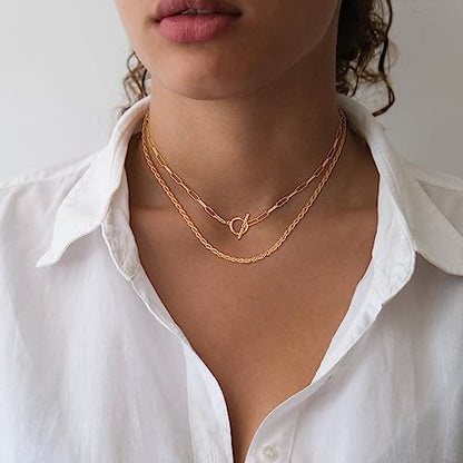 CHESKY 14K Gold Plated Layered Chain Necklace for Women | Trendy Cuban Link Chain, Chunky Paperclip Chain, Toggle Clasp Necklace, Fashion Gold Jewelry, Daily Gift for Women - style: Paperclip Rope-GD