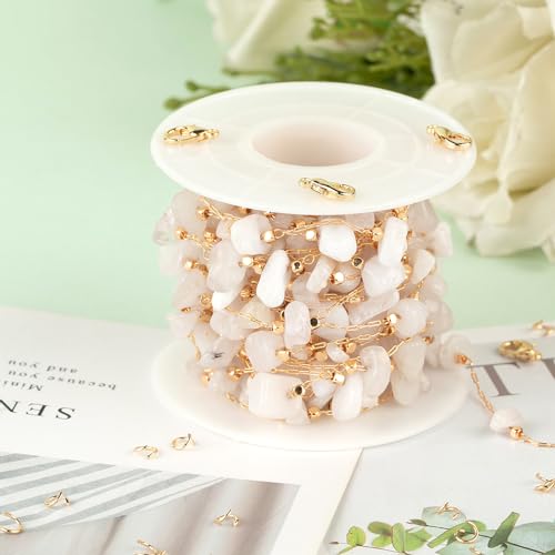 KYUNHOO Gold Plated Chain for Jewelry Making with Jump Rings Lobster Clasps | 16.4 Feet KC Gold Plated Brass Jewelry Chains White Handmade Raw Stone Chain Links on Roll for DIY Jewelry Crafts - color: Natural Stone-White