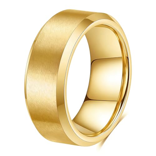 Stainless Steel Wedding Band Ring For Men Women | Sandblasted matte finish, 4mm/6mm/8mm widths, steel/black/gold-tone colors, everyday wear, wedding - color: Matte-8mm-Gold
