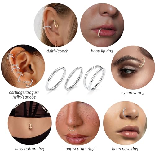 FUNLMO 3Pcs Nose Rings Double Hoop Nose Ring Conch Daith Tragus Helix Rook Piercing Jewelry Surgical Steel Cartilage Earring Conch Hoop Earring Septum Jewelry Lip Ring - color: Style 1: Silver