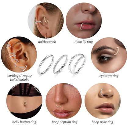 FUNLMO 3Pcs Nose Rings Double Hoop Nose Ring Conch Daith Tragus Helix Rook Piercing Jewelry Surgical Steel Cartilage Earring Conch Hoop Earring Septum Jewelry Lip Ring - color: Style 1: Silver