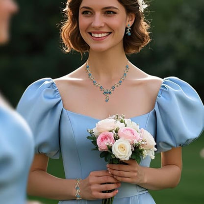 Women's Wedding Jewelry Set for Bride,Prom Bridal Accessories | Bling Crystal,Flower Leaf Cluster,Dangle Earrings Pendant Necklace Set,for Bridesmaid,Party Jewellery - color: 3Pcs-Blue Topaz Gold-Plated-Base