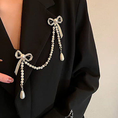 Suits Pearl Double Bow pearl Chain Brooch Pearl-Crystal Anti-exposure bowknot tassel brooch for girls and women