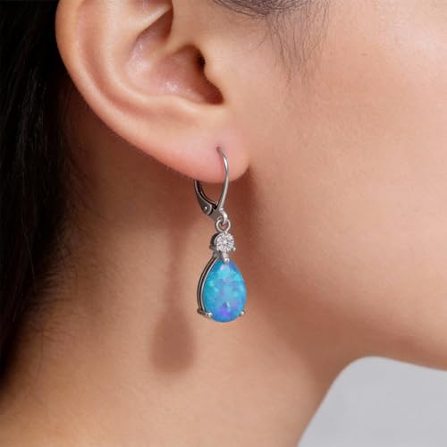 Dainty Opal Earrings for Women Sterling Silver Pear Oval Blue Opal Dangle Earrings Leverback Earrings Gold - color: leverback-blue