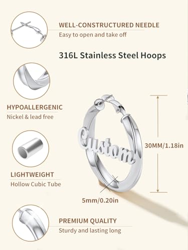 FindChic Twisted Hoop Earrings for Women, Silver/Black/14K Gold Plated Hypoallergenic Hollow Tube Rounded Loop Earrings, 30mm/40mm/60mm/80mm Hoops with Custom Name Options and Gift Box - color: e.Silver (Custom Name), size: 40MM
