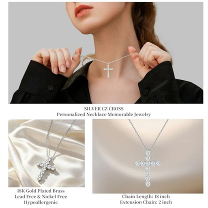 Women's Cross Pendant Necklace, 925 Sterling Silver Gold Plated with 5A Cubic Zirconia, 18"+2" Adjustable Chain, Christian Religious Jewelry Gift for Wife Daughter Mom,Birthday Gift