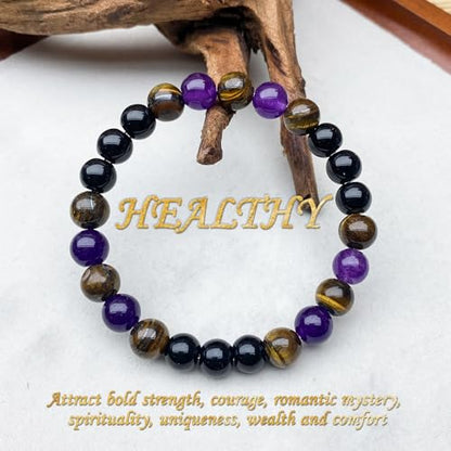 Natural Stone Beaded Bracelet for Men Women, Malachite Tiger Eye Obsidian Elastic Stretch Bracelet for Wealth & Energy - color: Black purple 1
