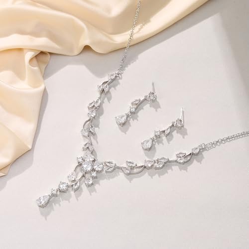 Crysdue Women's Wedding Bridal Jewelry Set for Brides Bridesmaids Cubic Zirconia Flower Leaf Vine Necklace Dangle Earrings for Prom Party - style: 36-silver
