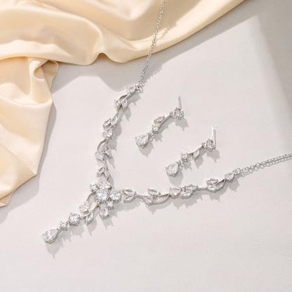 Crysdue Women's Wedding Bridal Jewelry Set for Brides Bridesmaids Cubic Zirconia Flower Leaf Vine Necklace Dangle Earrings for Prom Party - style: 36-silver