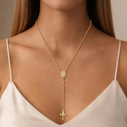 HAXIYA Gold Pearl Y-Shaped Necklace for Women Layered Lariat Long Pendant | 14K Gold Plated/Sterling Silver Dainty Drop Chain Layered Pearl/Beaded Necklaces Simple Gold Jewelry for Women - color: Rosary - Gold