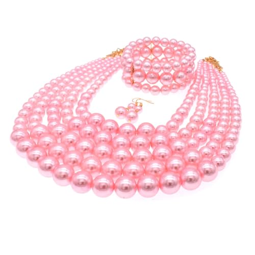 Faux Big Pearl Srand Necklaces for Women 5 Layers Pearls Choker Bib Collar Necklace Bracelet and Earrings set 1920s Costume Pearl Jewelry Bridal Wedding - color: pink
