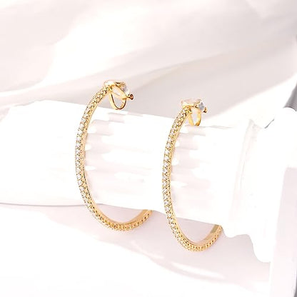 YOQUCOL 4.3CM(1.7in) Clip On Hoop Earrings Cubic Zirconia Non Pierced Ears Hoops for Women - color: 55MM-Gold