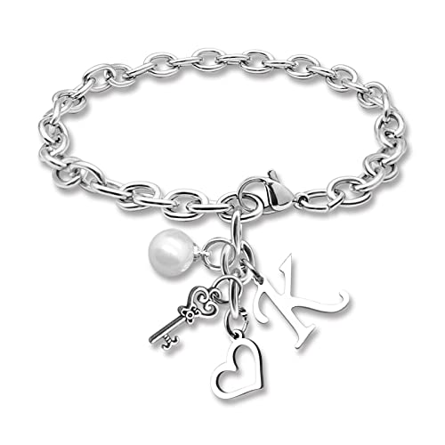 Initial A-Z Bracelets Gift for Women Girls Stainless Steel Chain Bracelet 26 Alphabet Jewelry Gifts for Birthday Anniversary Letter Bracelet Monogram Gifts for Sister Friend Girlfriends Mom 8.26 Inch - color: K