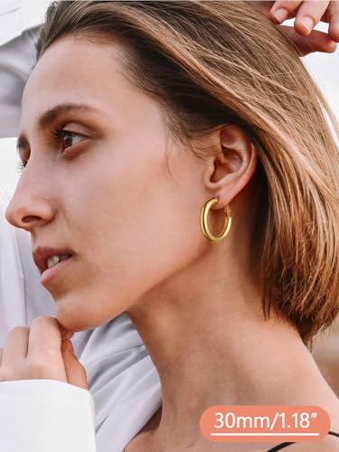 FaithHeart Silver/Black/Gold Stainless Steel Chunky Hoop Earrings for Women | Hypoallergenic Lightweight Hoop Earrings, Trendy Statement Thick Hoop, 20/30/40/50/60/70/80mm - color: Gold, size: 30mm