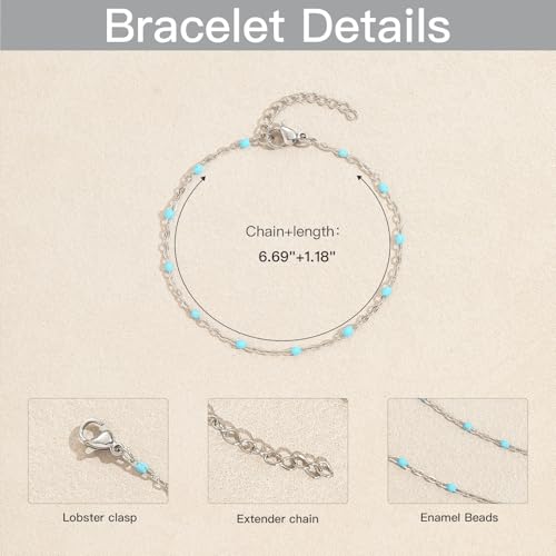 6 PCS Enamel Beaded Chains Bracelet Stainless Steel Link Bracelets | 6.7"+1.18", With Extender Chain, Fashion Jewelry Set, Gift For Women, Colorful, No Fade - color: Light Blue Silver