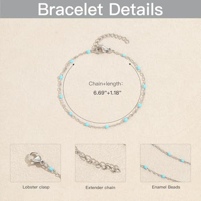 6 PCS Enamel Beaded Chains Bracelet Stainless Steel Link Bracelets | 6.7"+1.18", With Extender Chain, Fashion Jewelry Set, Gift For Women, Colorful, No Fade - color: Light Blue Silver