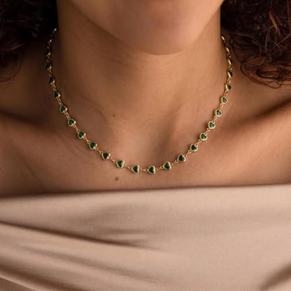 Colorful Necklace for Women,14K Gold Plated Chain With Crystal Necklace Womens Statement Cute Trendy Surfer Beach Choker Necklaces Gifts - color: Green Heart