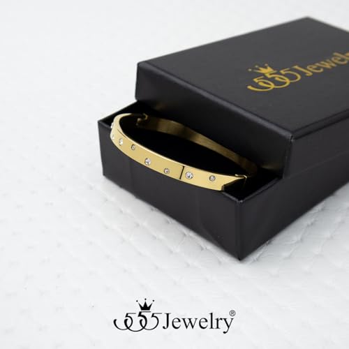 555Jewelry Womens Sparkling Cubic Zirconia Secure Hinge Lock Bangle Stainless Steel Bracelet - color: Yellow Gold Style 3