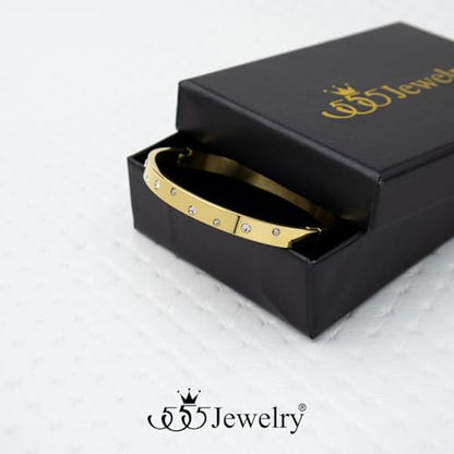555Jewelry Womens Sparkling Cubic Zirconia Secure Hinge Lock Bangle Stainless Steel Bracelet - color: Yellow Gold Style 3