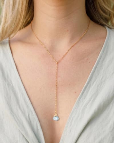 Lariat Necklace for Women Dainty Gold Long Crystal Drop Y-Shaped Necklace | 14k Gold Plated Crystal Drop Necklace Trendy Non Tarnish Simple Gold Jewelry For Wedding, Prom, Daily - color: Aquamarine
