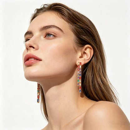 Rhinestone Earrings Dangling for Women Sparkly Silver Dangle Earrings Girls Long Chandelier Earrings Tassel Lightweight Ear Studs Cubic Zirconia (KE001S-W) - color: CZ01 Multicolor