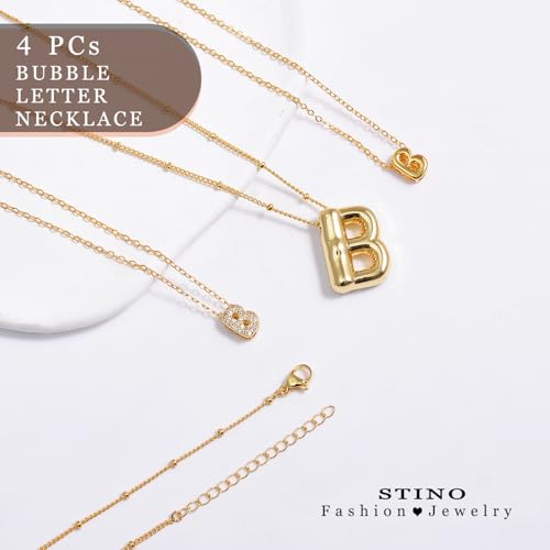 stino 4PCs Bubble Initial Letter Necklace Set, No Tarnish 14K Gold Plated Alphabet Pendant, Jewelry for Women - style: B