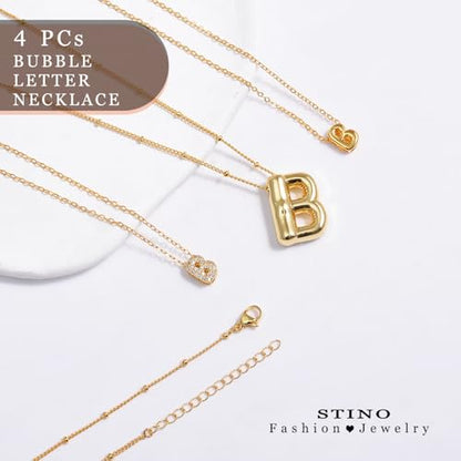 stino 4PCs Bubble Initial Letter Necklace Set, No Tarnish 14K Gold Plated Alphabet Pendant, Jewelry for Women - style: B
