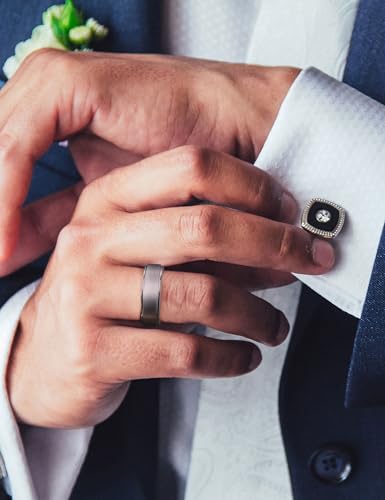 King Will Mens Brushed Wedding Band, Two Tone Matte Step Edges/Pipe Cut, Tungsten Carbide Anniversary Promise Rings Comfort Fit - color: Silver&Ice Blue-8mm