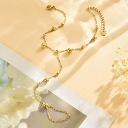 Ankle Bracelets for Women 18K Gold Plated Dainty Pearl Cross CZ Anklets Daisy Moon Star Gold Bead Satellite Cuban Link Chain Waterproof Summer Beach Foot Jewelry - style: Beads-Gold