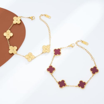 Waterproof Four-Leaf Clover Bracelet,Adjustable Link Double Sided Jewelry, Lovely Fashion Jewelry Gift for Women - color: Gold Bracelet + Red Bracelet