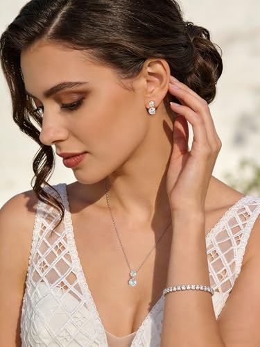 3-Piece Cubic Zirconia Wedding Jewelry Set for Women Bride Bridesmaid Gift | Hypoallergenic, Earrings Necklace Adjustable Bracelet for Prom Formal Parties - color: White Gold