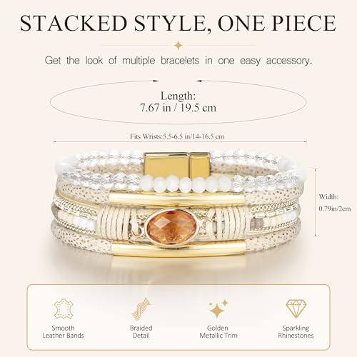 Edoneery Leather Wrap Bracelets for Women, Boho Layered Cuff Bangle | Multi-layer Leather Cuff, Daily wear, Stackable Bangle, Easy on-off, Western Jewelry Gifts for Women - color: Beige-3