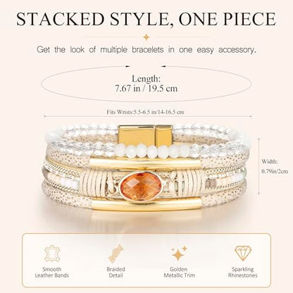 Edoneery Leather Wrap Bracelets for Women, Boho Layered Cuff Bangle | Multi-layer Leather Cuff, Daily wear, Stackable Bangle, Easy on-off, Western Jewelry Gifts for Women - color: Beige-3