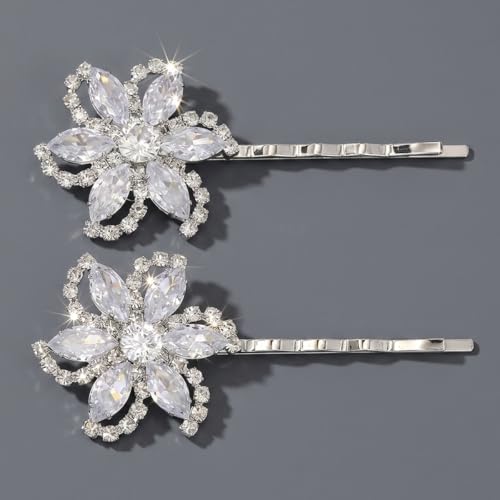 Sparkling Floral Crystal Bobby Pins for Women - Elegant Rhinestone Hair Clips with Rhodium Plated Alloy, Minimalist Flower Hair Accessories for Wedding, Party, and Daily Wear (Set of 2)