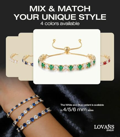 Lovans 14K Gold Plated Tennis Bracelets,White/Yellow/Rose Gold-plated Adjustable Cubic Zirconia Tennis Bracelet for Women - color: Gold, size: 4MM Green