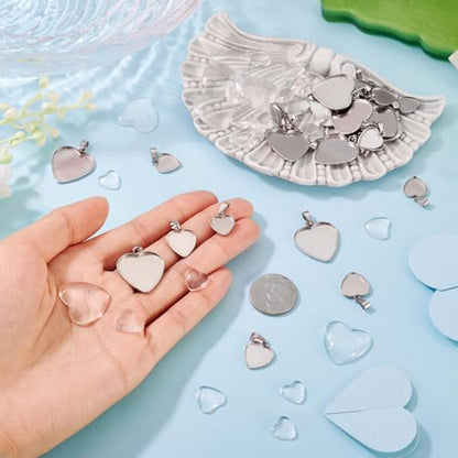 Craftdady Stainless Steel Pendant Cabochon Settings Heart Square Teardrop Flat Round Oval Rectangle Blank Bezel Trays Base Pendant with Glass Cabochons for DIY Earrings Necklace Jewelry - color: Stainless Steel Color Heart 3 Styles