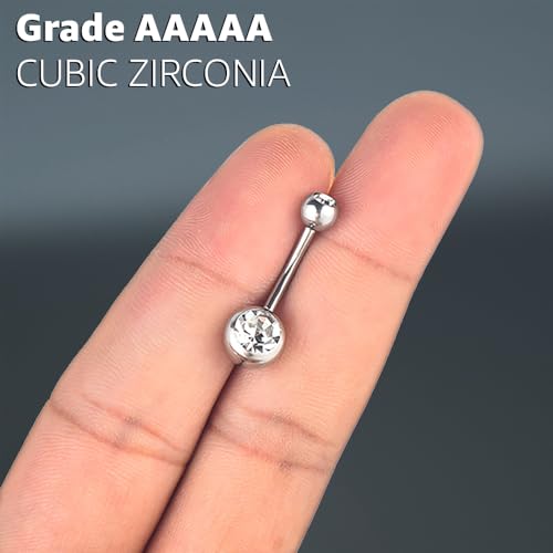 Internally Threaded Belly Button Ring G23 Titanium with Grade AAAAA Cubic Zirconia - 14g Implant Grade Titanium Belly Ring Piercing Jewelry Internal Thread - Bellybutton Rings Navel Jewelry For Women - color: Silver - 6mm
