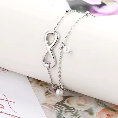 Jean Beau Infinity Beach Anklet bracelet for Women Teen Boho Waterproof Double Layered Dainty Beads Chain Charm Ankle Pearl dangling foot Jewelry Gift - color: Silver