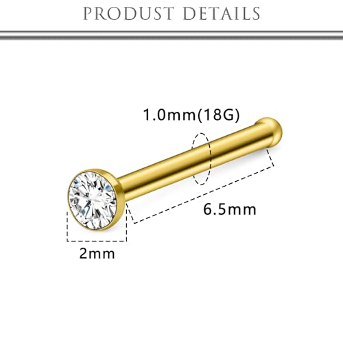 Hoeudjo Nose Studs Surgical Steel Cubic Zirconia Nose Rings Kit for Women Men Tiny Nose Stud Bone & Screw & L Shaped Nostril Piercing Jewelry 18/20/22/24 Gauge 10 Pieces - color: gold-tone,nose bone studs, size: 18g/2mm clear CZ