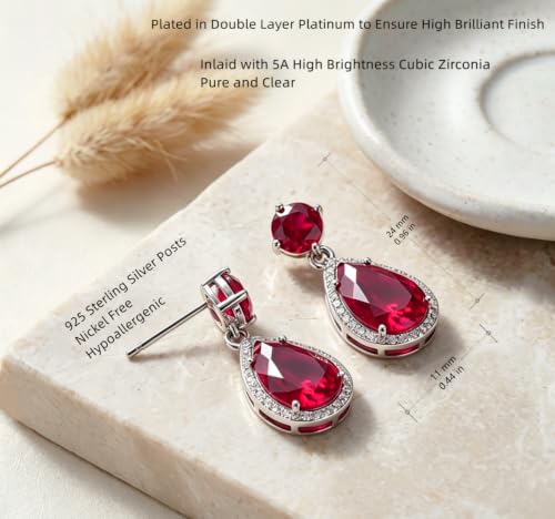 Drop Dangle Earrings Teardrop Gemstone Waterdrop White Gold Plated Crystal Hanging Cubic Zirconia Ruby Sapphire Emerald Jewelry Gift for Women Mother Wife - color: Red