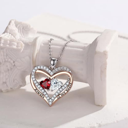 Heart Birthstone Necklace for Women 14K Rose Gold/White Gold Filled Overlapping Double Hearts Pendant Anniversary Valentine's Day Birthday Mother's Day Christmas Gifts for Wife Mom Daughter Her - color: 01-04-Jan-Apr Birthstone-A, style: Double-Layered Lo