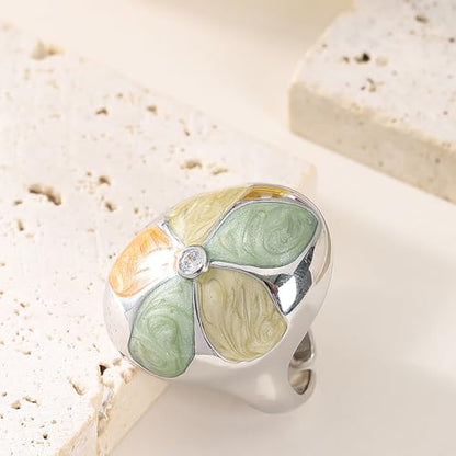 Kokoma Fashion Floral Statement Ring for Women Multi-Color Enamel CZ Crystal Accent Flower Chunky Finger Ring Band Promise Engagement Rings Expandable