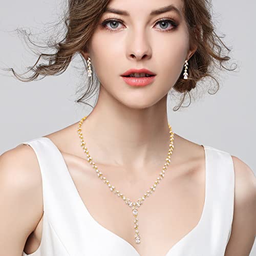 Bridal Wedding Jewelry CZ Set Marquise Teardrop Cubic Zirconia Pendant Necklace and Dangle Earring Bracelet Sets for Women - color: Gold tone - 01