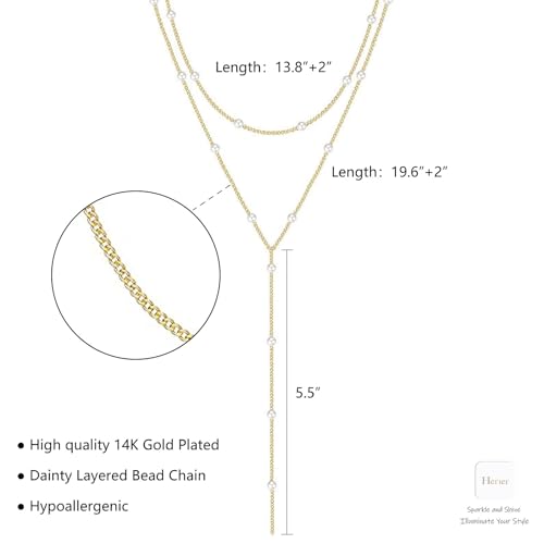 HERIER Lariat Gold Necklace for Women, Dainty Long Necklace 14k Gold Plated/Silver Y-Shaped Layered Beaded Chain Drop Necklaces for Women Trendy Simple Gold Jewelry for Women Gifts - color: Y Layered Pearl Necklace-Gold