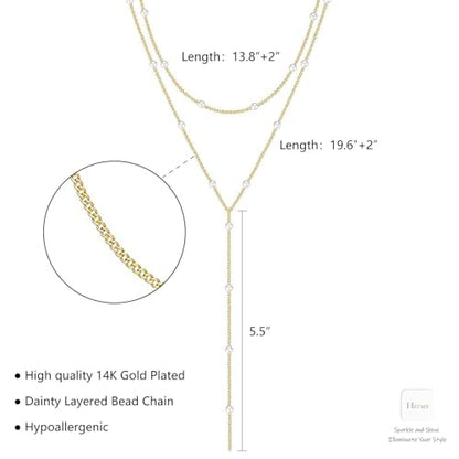 HERIER Lariat Gold Necklace for Women, Dainty Long Necklace 14k Gold Plated/Silver Y-Shaped Layered Beaded Chain Drop Necklaces for Women Trendy Simple Gold Jewelry for Women Gifts - color: Y Layered Pearl Necklace-Gold