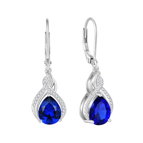 925 Sterling Silver Infinity Teardrop Earrings for Women | Lwsary Dangle Drop Leverback Earrings, Pear Shaped Birthstone Jewelry for Her - color: Deep Blue