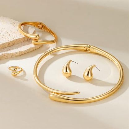 4 Pcs Chunky Gold Jewelry Set for Women, 14K Gold Plated Cuff Choker Collar Necklace, Teardrop Drop Earrings, Teardrop Wrap Ring, Hinged Cuff Bangle Bracelets, Statement Fashion Jewelry - color: Gold