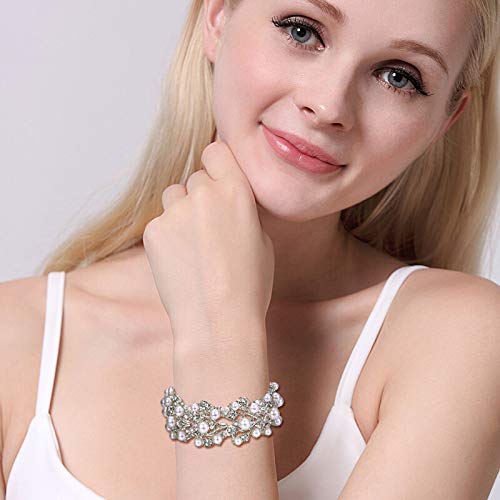 Crystal Cream Faux Pearl 1920s Vine Leaf Wedding Stretch Bracelet for Women | White Rhinestone Bridal Prom Jewelry - color: Silver-Plated-Base